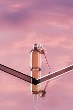 Cosmetic beauty face serum bottle and dropper on mirror