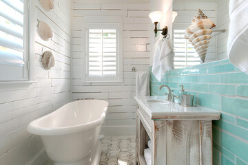 A coastal-themed bathroom with whitewashed wood, turquoise tiles, and seashell decor, creating a serene beachside atmosphere.