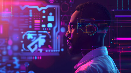 artificial intelligence cyber security threat illustration concept AI banner. Black african american male IT specialist analysing data information technology privacy leaks AR artificial intelligence