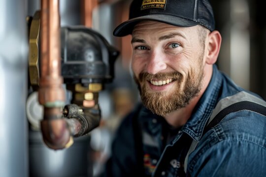 Smiling Plumber Working on Pipes