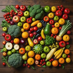 Hyperrealistic Flat Lay of Various Colorful Fruits and Vegetables Arranged on a Rustic Wooden Table