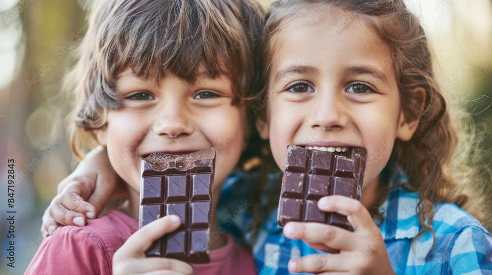 Canvas Prints Two young children holding up chocolate bars to their mouths