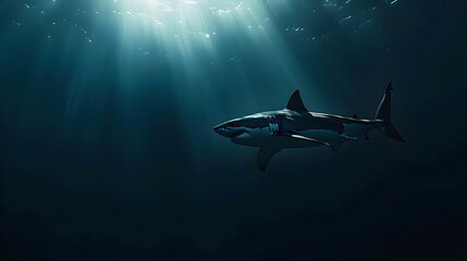 Obraz premium The ominous silhouette of a great white shark lurking in the shadows, its sleek form blending seamlessly into the depths of the ocean, with copy space