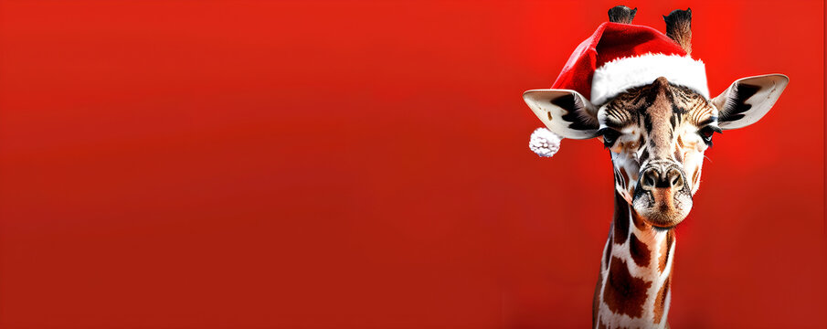 Christmas-themed image of a giraffe in a Santa hat with a red background and copy space. Great for holiday greeting cards, with copy space