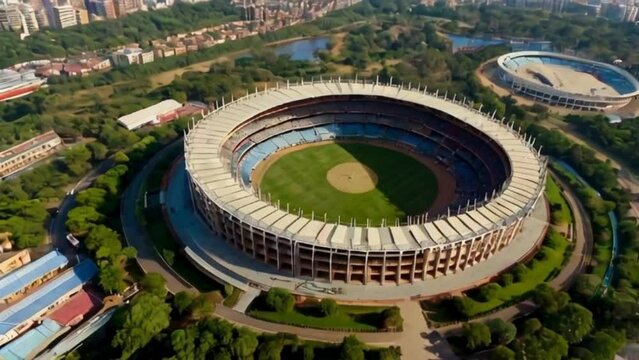 drone shot of a cricket stadium full of audience