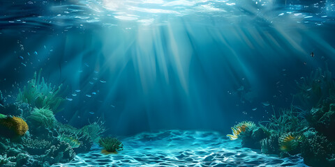 Fototapeta premium Underwater scene with sun rays piercing through the blue water, illuminating coral reefs and marine life, perfect for nature and marine-themed designs, with copy space