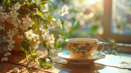 Fototapeta premium Coffee cup on wooden table with floral decoration prepared for breakfast in morning sunlight