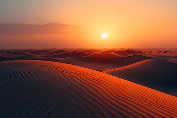 View of bright sundown sky with orange sun over arid desert dunes, perfect for travel or vacation designs, with copy space