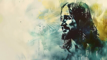Portrait of Jesus Christ on an abstract grunge background with copy space. Digital painting suitable for religious art, inspirational messages, and spiritual decor, with copy space
