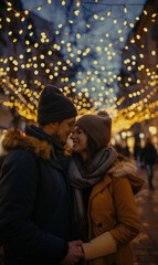 Obraz premium Young couple holding hands and enjoying christmas lights on city street