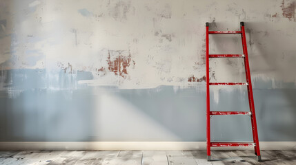 Red ladder against a wall in a room with peeling blue paint, perfect for diy, renovation, or home improvement projects, with copy space