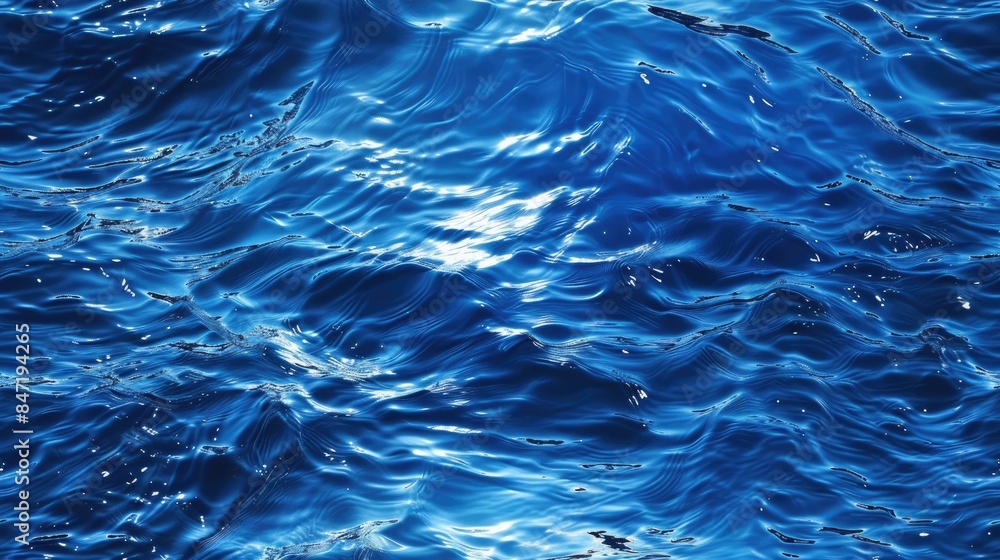 Poster the blue sea water surface, adorned with the sun's reflection, creating ripples and waves that form 