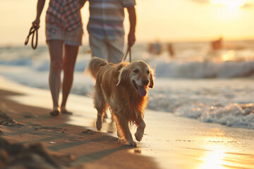 Senior Couple Walking Golden Retriever on the Beach at Sunset. A happy senior couple enjoys a peaceful walk with their Golden Retriever on a sandy beach at sunset