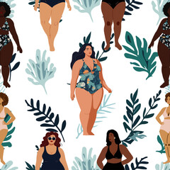 Happy girls. Body positive movement and beauty diversity. Seamless pattern. Vector illustration. Transparent background