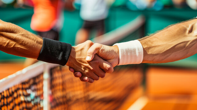 two tennis players shaking hands at the net after the match - competition and sportsmanship concept