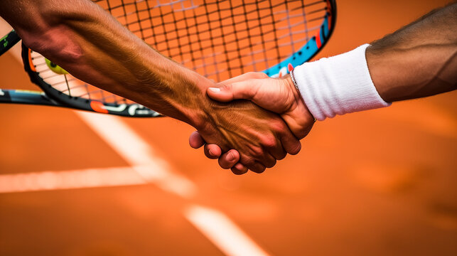 two tennis players shaking hands at the net after the match - competition and sportsmanship concept - Powered by Adobe