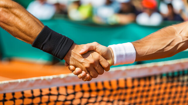 two tennis players shaking hands at the net after the match - competition and sportsmanship concept