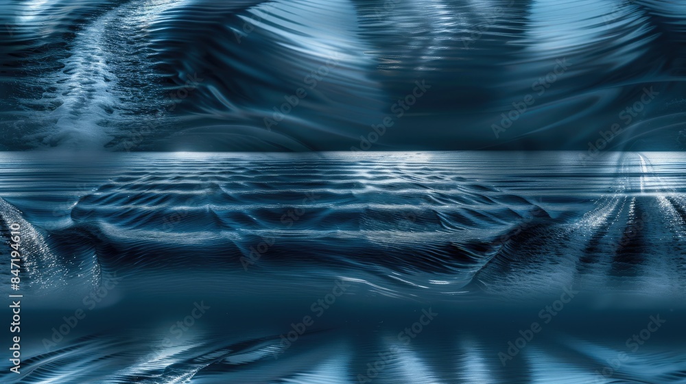 Poster the blue sea water surface, adorned with the sun's reflection, creating ripples and waves that form 