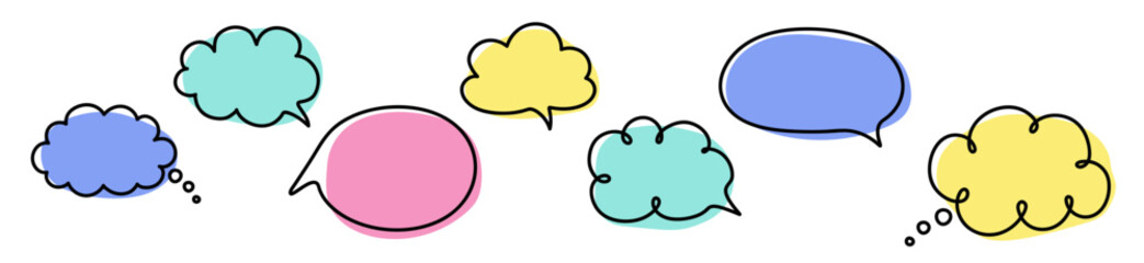 Colourful set with hand drawn speech bubbles. Cartoon style chat boxes. Vector illustration