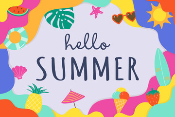 Abstract Hello Summer background with colourful elements. Vacation design. Vector illustration