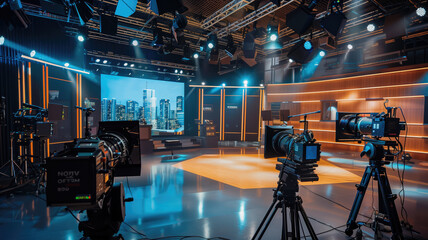 Television studio, Studio news with a large screen, Tv news studio Generative AI