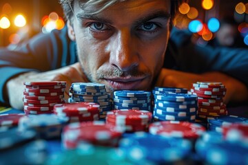 A smiling, confident poker player with many chips is going all-in, pushing the chips forward