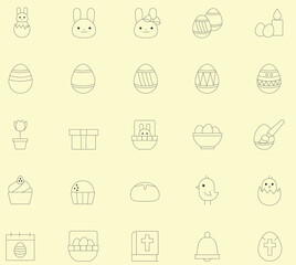 Easter Icons set. Vector illustration isolated on yellow background.