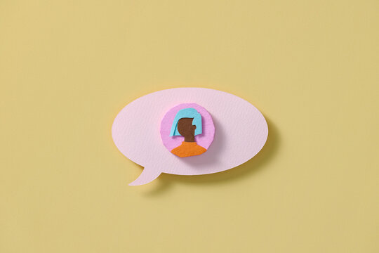 Profile icon female head in chat bubble isolated on color background