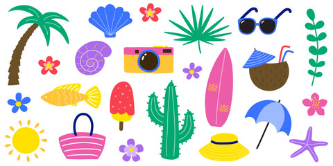 Cute hand drawn summer icon set. Background with cartoon holiday stickers. Vector illustration