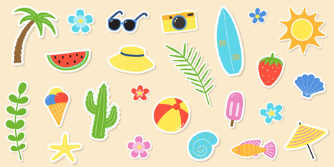 Cute hand drawn summer stickers. Creative background with cartoon vacation icons. Vector illustration