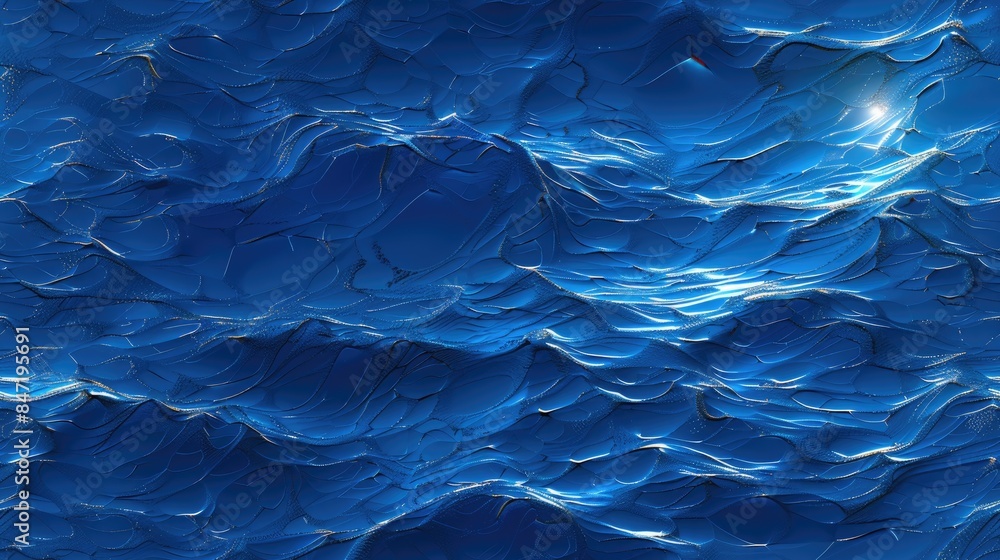 Poster the blue sea water surface, adorned with the sun's reflection, creating ripples and waves that form 
