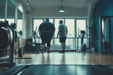 Two overweight men starting workout in gym