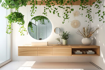 A minimalist bathroom featuring a floating wooden vanity and large round mirror, with plants hanging from the ceiling.