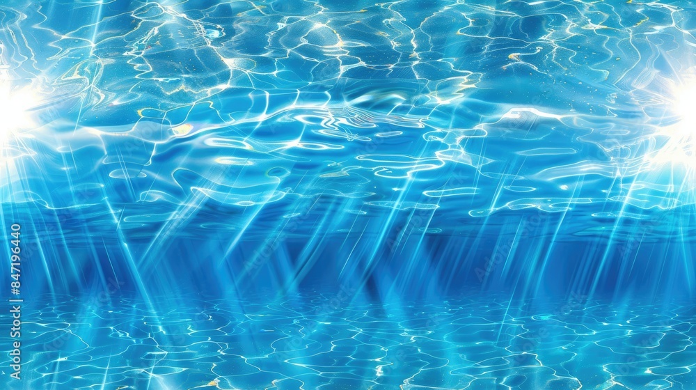 Poster the blue sea water surface, adorned with the sun's reflection, creating ripples and waves that form 