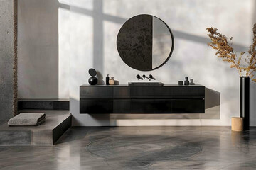 A minimalist bathroom with a black vanity, round mirror, and concrete flooring.
