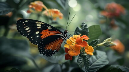 A beautiful butterfly with orange and black wings rests on orange flowers. - Powered by Adobe