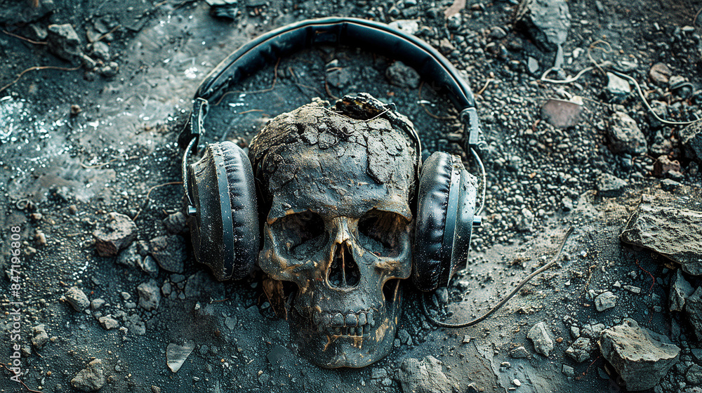 Wall mural Dirty Broken Skull in the Dirt wearing Old Worn Headphones.