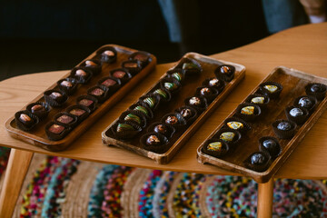 Artisanal chocolate on trays