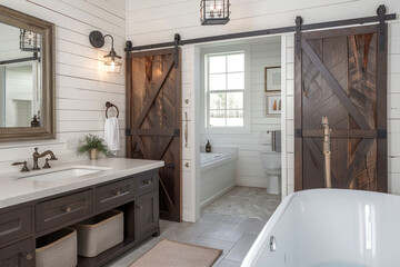 A modern farmhouse bathroom with shiplap walls, a barn door, and a farmhouse sink.