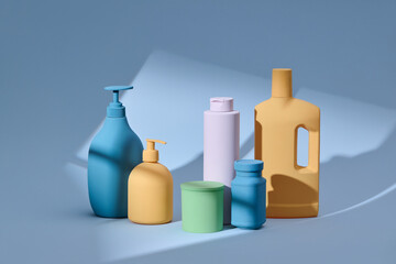 different kinds of empty plastic bottles under sunlight with shadow