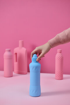 various types of plastic bottles without labels for detergents