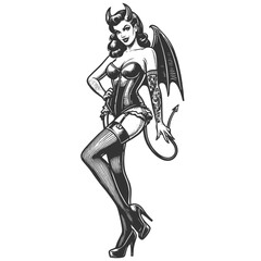 Naklejka premium fantasy devil woman in two poses sketch engraving generative ai fictional character vector illustration. Scratch board imitation. Black and white image.