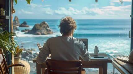 A young professional working on a laptop at a cosy beachside. Flexible working and freedom of remote work Concept
