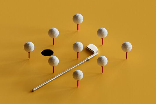 Abstract Golf Balls and Putter Composition on Yellow Background