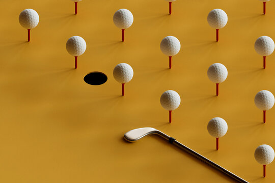 Golf Ball Grid with Putter on Yellow Surface