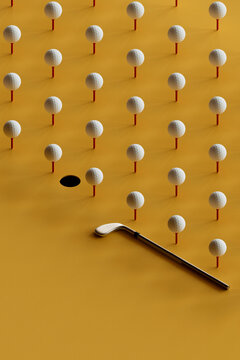 Patterned Golf Balls on Tees with Shadow of Putter on Yellow Sur