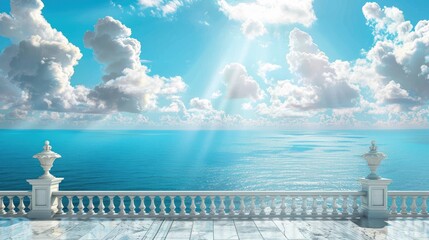 a white marble balcony with railings against the backdrop of a pristine blue sky and sea, adorned with fluffy white clouds, overlooking the expansive ocean.