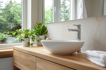 A Scandinavian-style bathroom with light wood finishes, a white vessel sink, and a large window bringing in natural light.