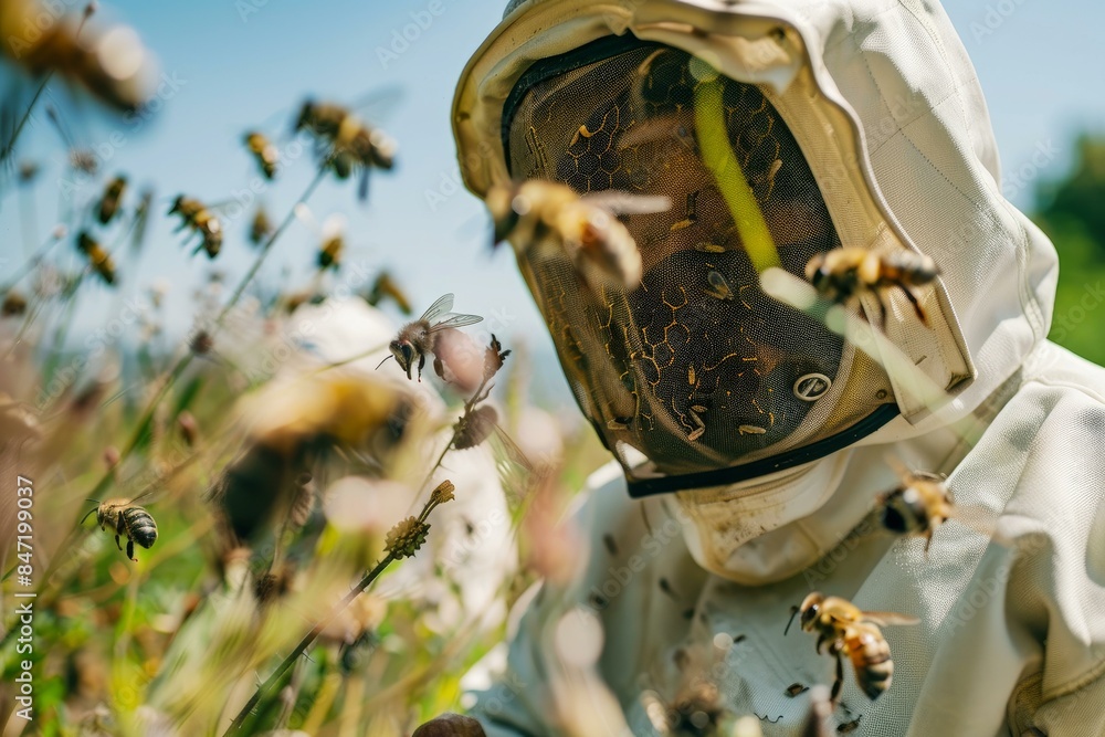 Poster beekeeper wearing a protective suit is surrounded by honey bees while working in a field
