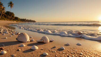 Obraz premium Hyperrealistic Calm Beach Scene at Sunset with Gentle Waves and Scattered Seashells